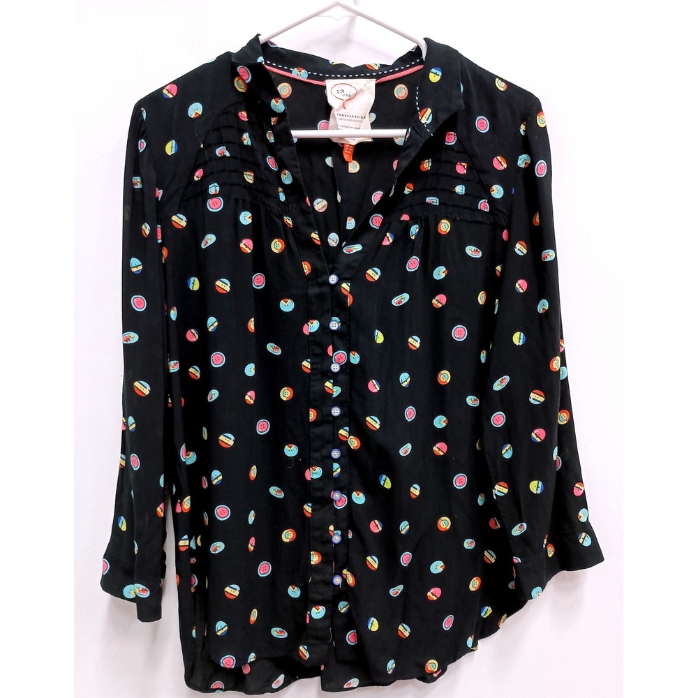 Anthropologie 52 Conversations Button Up Top Women 10 Black Multi Button Print